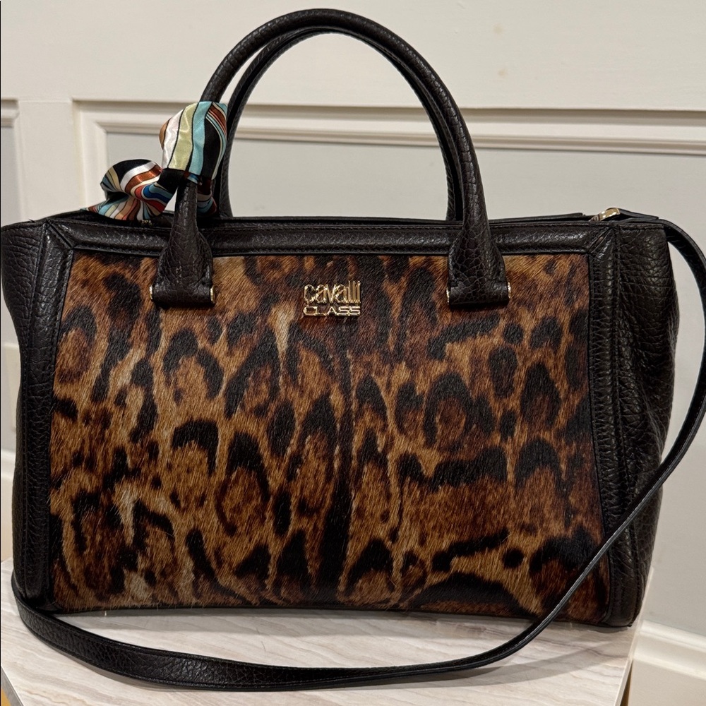 Roberto Cavalli Class Tote Satchel Brown Leopard Calf Hair Leather Bag - Picture 4 of 17